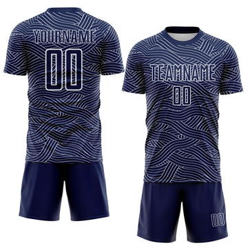 Custom Navy-White Abstract Wave Lines Interlocking Sublimation Soccer Uniform Jersey