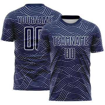 Custom Navy-White Abstract Wave Lines Interlocking Sublimation Soccer Uniform Jersey
