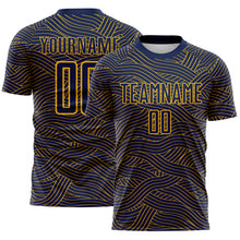 Laden Sie das Bild in den Galerie-Viewer, Custom Navy-Gold Abstract Wave Lines Interlocking Sublimation Soccer Uniform Jersey
