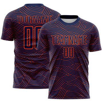 Custom Navy-Orange Abstract Wave Lines Interlocking Sublimation Soccer Uniform Jersey