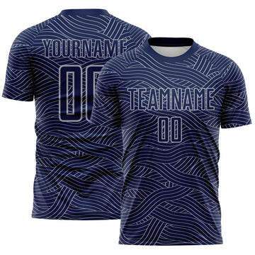 Custom Navy-Gray Abstract Wave Lines Interlocking Sublimation Soccer Uniform Jersey
