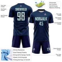 Laden Sie das Bild in den Galerie-Viewer, Custom Navy White-Teal Abstract Wave Lines Interlocking Sublimation Soccer Uniform Jersey
