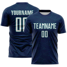 Laden Sie das Bild in den Galerie-Viewer, Custom Navy White-Teal Abstract Wave Lines Interlocking Sublimation Soccer Uniform Jersey
