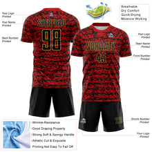 Laden Sie das Bild in den Galerie-Viewer, Custom Red Black-Old Gold Geometric Fragment Splatter Sublimation Soccer Uniform Jersey

