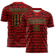 Laden Sie das Bild in den Galerie-Viewer, Custom Red Black-Old Gold Geometric Fragment Splatter Sublimation Soccer Uniform Jersey
