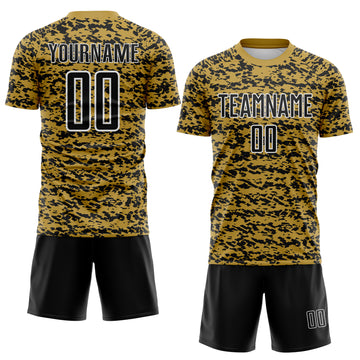 Custom Old Gold Black-White Geometric Fragment Splatter Sublimation Soccer Uniform Jersey