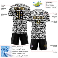 Laden Sie das Bild in den Galerie-Viewer, Custom White Black-Old Gold Geometric Fragment Splatter Sublimation Soccer Uniform Jersey
