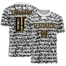 Laden Sie das Bild in den Galerie-Viewer, Custom White Black-Old Gold Geometric Fragment Splatter Sublimation Soccer Uniform Jersey
