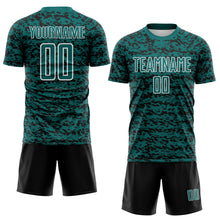 Laden Sie das Bild in den Galerie-Viewer, Custom Teal Black-White Geometric Fragment Splatter Sublimation Soccer Uniform Jersey
