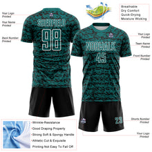 Laden Sie das Bild in den Galerie-Viewer, Custom Teal Black-White Geometric Fragment Splatter Sublimation Soccer Uniform Jersey
