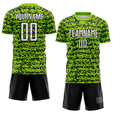 Custom Neon Green-Black Geometric Fragment Splatter Sublimation Soccer Uniform Jersey