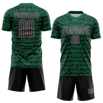 Custom Kelly Green Black-Pink Geometric Fragment Splatter Sublimation Soccer Uniform Jersey