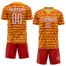 Laden Sie das Bild in den Galerie-Viewer, Custom Gold White-Red Geometric Fragment Splatter Sublimation Soccer Uniform Jersey
