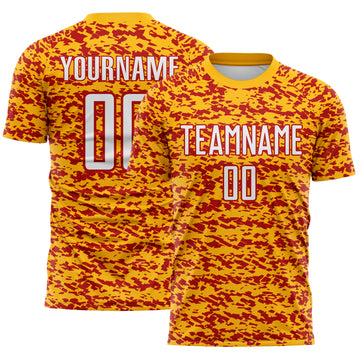 Custom Gold White-Red Geometric Fragment Splatter Sublimation Soccer Uniform Jersey