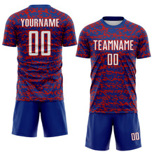 Laden Sie das Bild in den Galerie-Viewer, Custom Royal White-Red Geometric Fragment Splatter Sublimation Soccer Uniform Jersey
