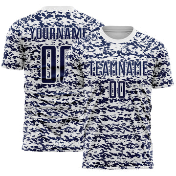 Custom White-Navy Geometric Fragment Splatter Sublimation Soccer Uniform Jersey