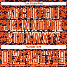 Laden Sie das Bild in den Galerie-Viewer, Custom Orange Navy-White Geometric Fragment Splatter Sublimation Soccer Uniform Jersey
