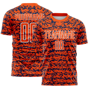 Custom Orange Navy-White Geometric Fragment Splatter Sublimation Soccer Uniform Jersey