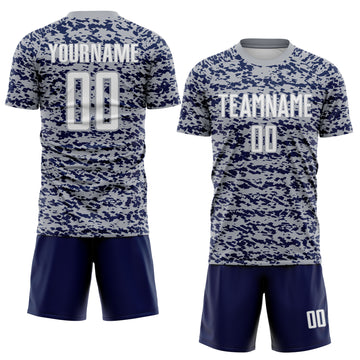 Custom Gray White-Navy Geometric Fragment Splatter Sublimation Soccer Uniform Jersey