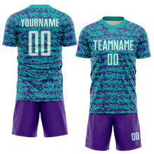 Charger l'image dans la galerie, Custom Aqua White-Purple Geometric Fragment Splatter Sublimation Soccer Uniform Jersey
