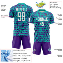 Charger l'image dans la galerie, Custom Aqua White-Purple Geometric Fragment Splatter Sublimation Soccer Uniform Jersey

