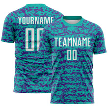 Charger l'image dans la galerie, Custom Aqua White-Purple Geometric Fragment Splatter Sublimation Soccer Uniform Jersey
