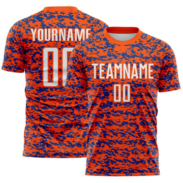 Custom Orange-Royal Geometric Fragment Splatter Sublimation Soccer Uniform Jersey