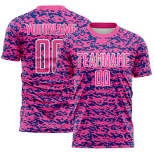 Laden Sie das Bild in den Galerie-Viewer, Custom Pink Royal-White Geometric Fragment Splatter Sublimation Soccer Uniform Jersey
