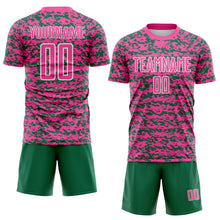 Laden Sie das Bild in den Galerie-Viewer, Custom Pink Kelly Green-White Geometric Fragment Splatter Sublimation Soccer Uniform Jersey
