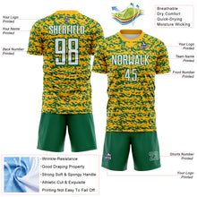 Load image into Gallery viewer, Custom Gold White-Kelly Green Geometric Fragment Splatter Sublimation Soccer Uniform Jersey

