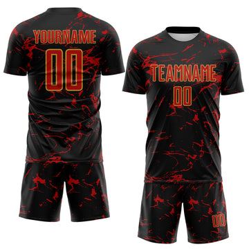Custom Black Red-Old Gold Abstract Fluid Marble Sublimation Soccer Uniform Jersey