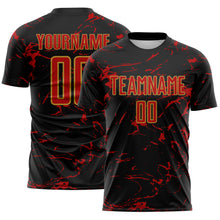 Laden Sie das Bild in den Galerie-Viewer, Custom Black Red-Old Gold Abstract Fluid Marble Sublimation Soccer Uniform Jersey
