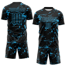 Загрузить изображение в средство просмотра галереи, Custom Black-Sky Blue Abstract Fluid Marble Sublimation Soccer Uniform Jersey
