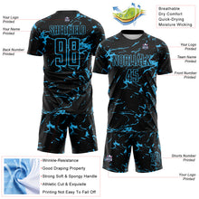 Загрузить изображение в средство просмотра галереи, Custom Black-Sky Blue Abstract Fluid Marble Sublimation Soccer Uniform Jersey
