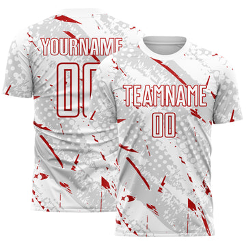 Custom White Red-Gray Brush Stroke Slashes And Dot Grid Sublimation Soccer Uniform Jersey