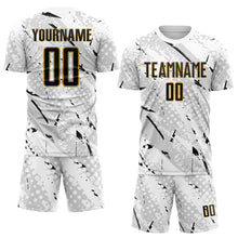 Загрузить изображение в средство просмотра галереи, Custom White Black Gray-Old Gold Brush Stroke Slashes And Dot Grid Sublimation Soccer Uniform Jersey
