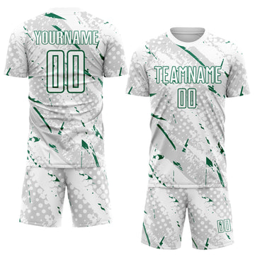 Custom White Kelly Green-Gray Brush Stroke Slashes And Dot Grid Sublimation Soccer Uniform Jersey