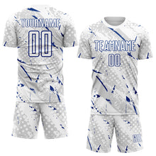 Laden Sie das Bild in den Galerie-Viewer, Custom White Royal-Gray Brush Stroke Slashes And Dot Grid Sublimation Soccer Uniform Jersey
