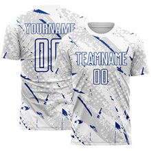 Laden Sie das Bild in den Galerie-Viewer, Custom White Royal-Gray Brush Stroke Slashes And Dot Grid Sublimation Soccer Uniform Jersey

