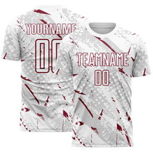Laden Sie das Bild in den Galerie-Viewer, Custom White Crimson-Gray Brush Stroke Slashes And Dot Grid Sublimation Soccer Uniform Jersey
