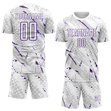 Laden Sie das Bild in den Galerie-Viewer, Custom White Purple-Gray Brush Stroke Slashes And Dot Grid Sublimation Soccer Uniform Jersey
