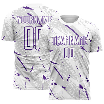 Custom White Purple-Gray Brush Stroke Slashes And Dot Grid Sublimation Soccer Uniform Jersey
