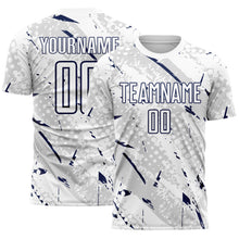Laden Sie das Bild in den Galerie-Viewer, Custom White Navy-Gray Brush Stroke Slashes And Dot Grid Sublimation Soccer Uniform Jersey
