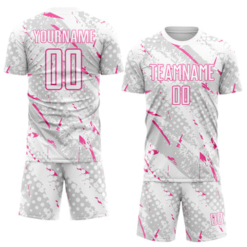 Custom White Pink-Gray Brush Stroke Slashes And Dot Grid Sublimation Soccer Uniform Jersey