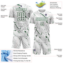 Laden Sie das Bild in den Galerie-Viewer, Custom White Green-Gray Brush Stroke Slashes And Dot Grid Sublimation Soccer Uniform Jersey
