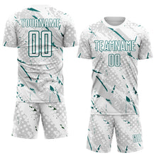 Laden Sie das Bild in den Galerie-Viewer, Custom White Teal-Gray Brush Stroke Slashes And Dot Grid Sublimation Soccer Uniform Jersey
