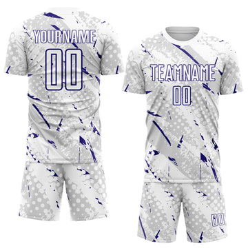 Custom White Dark Purple-Gray Brush Stroke Slashes And Dot Grid Sublimation Soccer Uniform Jersey