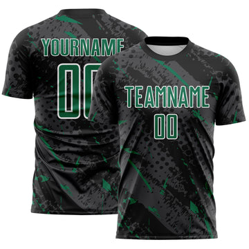 Custom Black Kelly Green Gray-White Brush Stroke Slashes And Dot Grid Sublimation Soccer Uniform Jersey