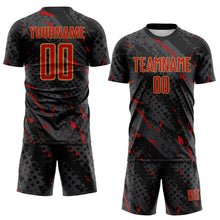 Laden Sie das Bild in den Galerie-Viewer, Custom Black Red Gray-Old Gold Brush Stroke Slashes And Dot Grid Sublimation Soccer Uniform Jersey
