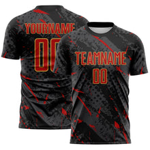 Laden Sie das Bild in den Galerie-Viewer, Custom Black Red Gray-Old Gold Brush Stroke Slashes And Dot Grid Sublimation Soccer Uniform Jersey
